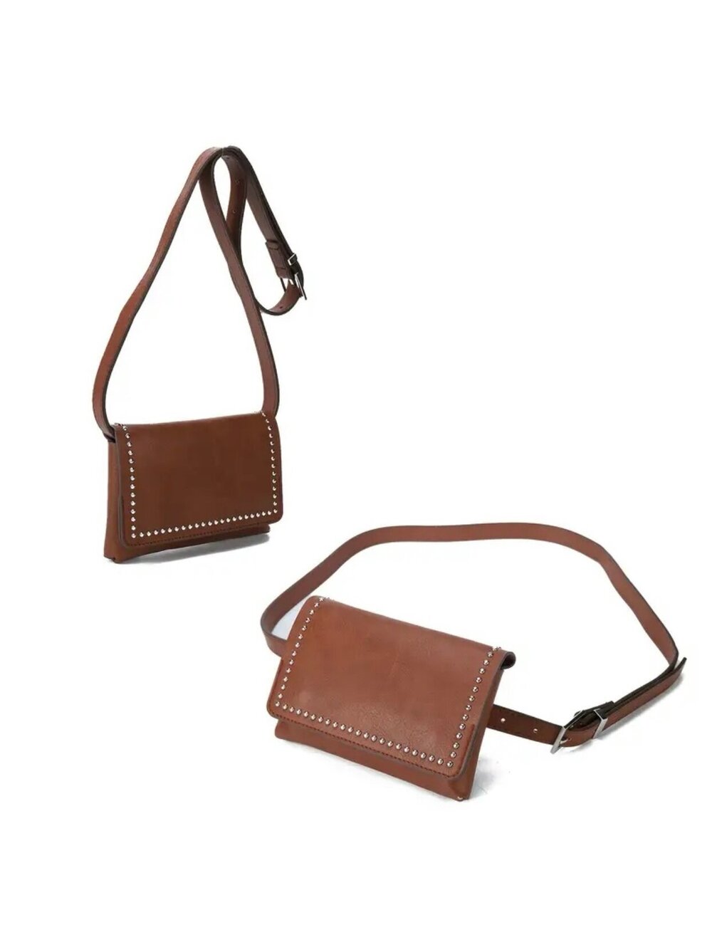 New - Vintage Inspired Faux Leather Crossbody Bag w/Rivet Detail -Brown